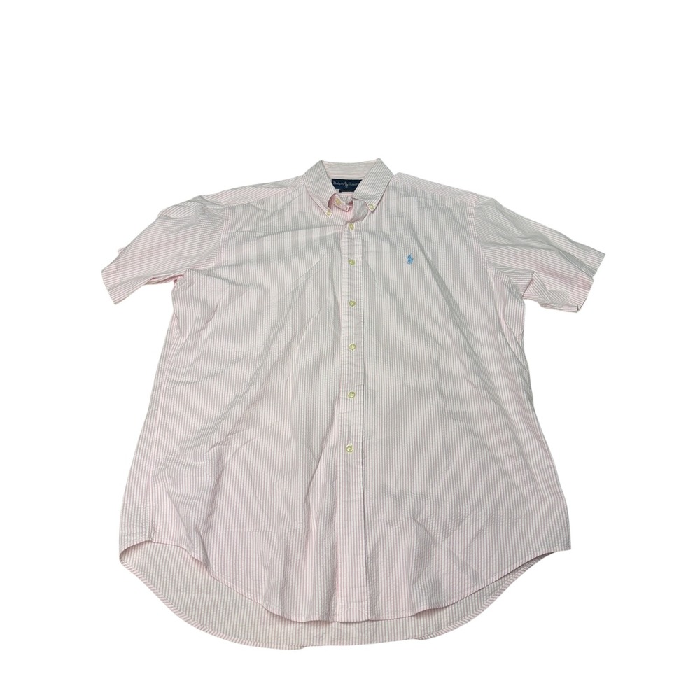 Ralph Lauren Mens Seersucker Shirt Pink White Striped Short Sleeve Classic Fit L